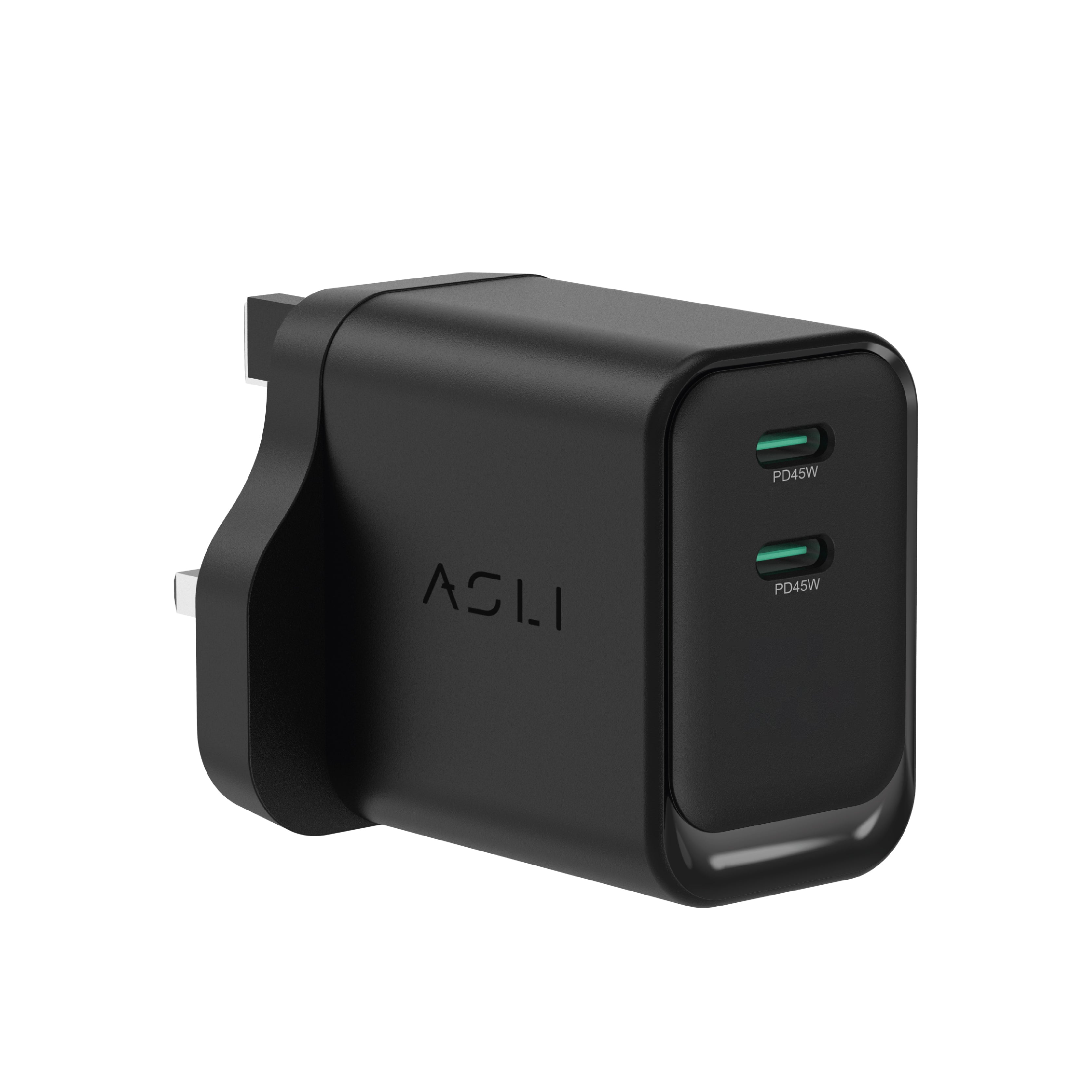شاحن حائط فائق السرعة من أسلي جلوبال بتقنية GaN , PD ثنائي المنفذ USB-C | أسود شاحن حائط فائق السرعة من أسلي جلوبال بتقنية GaN , PD ثنائي المنفذ USB-C | أسود